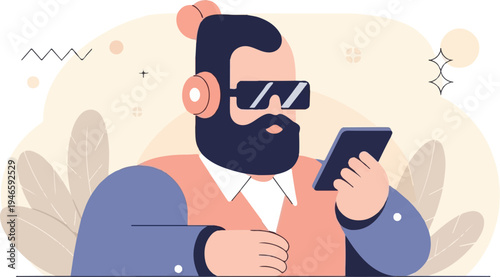 A man with headphones and sunglasses using a mobile phone