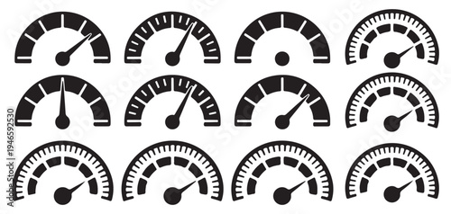 Speedometer Gauge Meter Icons Set, Dashboard Speed Indicator Vector Collection. Vector illustration eps 10