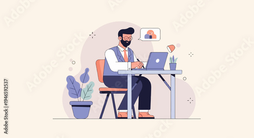 A man works on a laptop at a desk, with plants and a thought bubble above