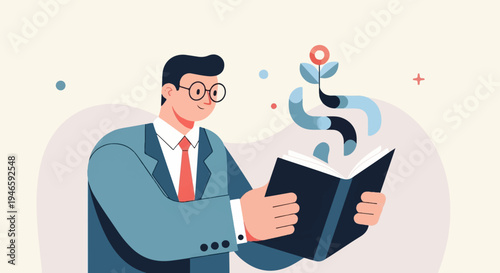 A man in a suit reads a book from which a plant sprouts, symbolizing growth