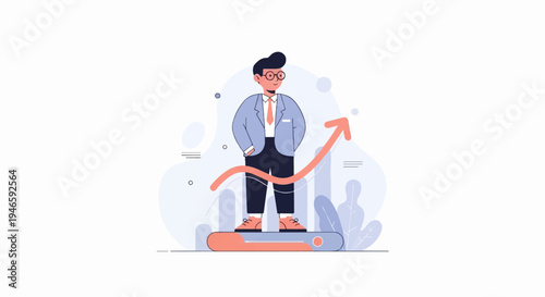 A man in a suit stands on a platform with a rising graph behind him