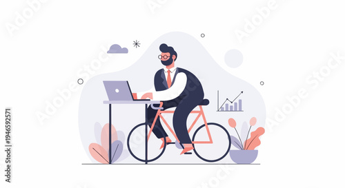 A man in a suit on a bicycle works on a laptop next to a chart