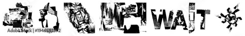 Fragmented typography with halftone textures, abstract geometric, glitch art collage, digital noise, fragmented letterforms, vectorized noise, black and white glitch art.