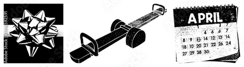 Gift bow with ribbon, handsaw tool, April calendar page, all rendered in halftone vector style, isolated foreground elements.