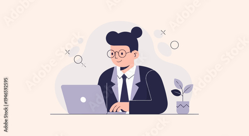 A man in a suit smiles while working on a laptop with decorative elements