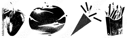 Classic black and white halftone fast food items, stylized food graphics, diner menu, retro snack symbols, vector food illustrations.