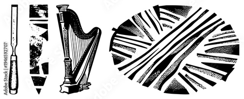 Black and white vector art featuring wood chisel, harp, and banana leaf with halftone shading, isolated graphic elements, artistic composition.