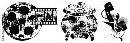 Retro film reel with holes, bubbling cauldron with lid, cracked telephone receiver all in distressed halftone vector art.