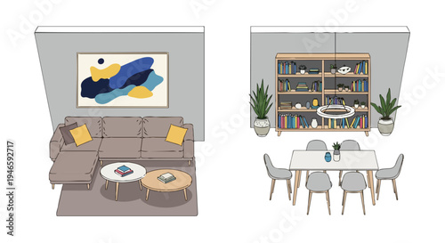 Modern interior living and dining spaces showcasing contemporary design and comfortable home aesthetics in a flat illustration style ideal for