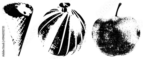 Retro styled halftone prints of sweet treats, including ice cream cone, watermelon slice, and fruit, rendered in bold black and white with grainy texture.