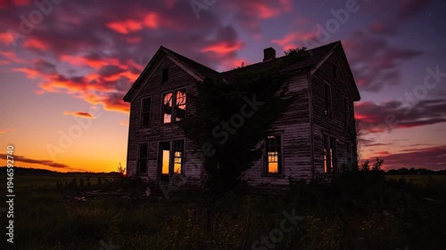 Abandoned old wooden house stands against a beautiful vibrant sunset sky