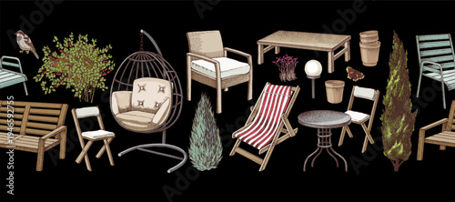 Garden furniture seamless vector border