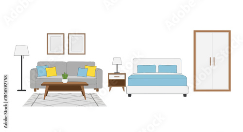 Abstract representation of essential household furniture pieces for modern dwelling spaces