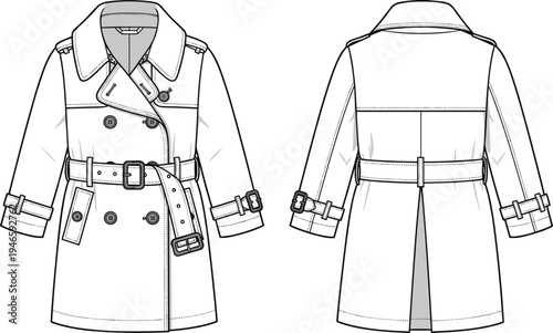 Trench coat technical sketch front and back view, double-breasted, notched lapel, belted waist, epaulets, cuff straps, center vent