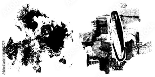 Bold ink blot chaos juxtaposed with halftone gear, vector art,, graphic design element, mechanical abstraction.