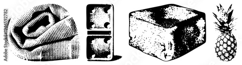 Retro stylized halftone print of spiral,, ice cube, graphic design elements, vector art, black and white illustration.