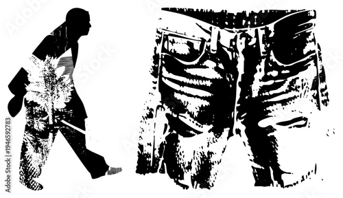 Black and white vector illustration of a walking person with tree, paired with distressed denim jeans, halftone texture, urban street art style.