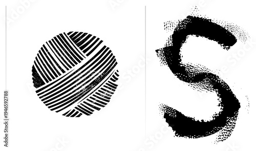Graphic design featuring striped circular shape and textured letter S, vector art,, halftone effect, modern minimalism, typography element.