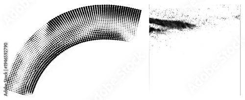 Abstract halftone forming curved arc and textured streaks, graphic design element, vector art, typographic background, print texture.