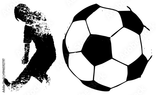 Black and white vector of footballer in motion striking soccer ball, sports graphic, athletic silhouette, kicking action, stadium, match scene.