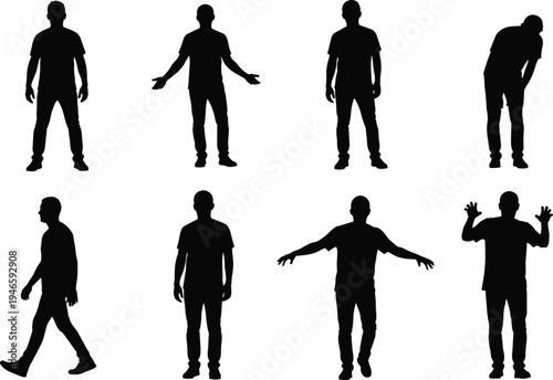 Set of eight male silhouettes in various standing poses including walking, shrugging, gesturing, and casual postures isolated on white background