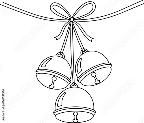 Three christmas bells hanging from a ribbon with a bow