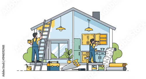 Comprehensive home improvement and repair operations with two skilled workers enhancing a modern dwelling