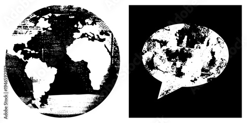 Halftone globe and speech bubble symbolizing worldwide dialogue, international conversation, global messaging, digital communication, planet connectivity.