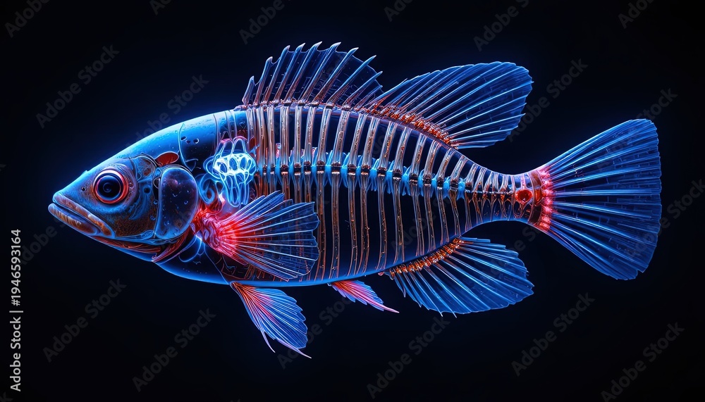 Fototapeta premium Glowing x-ray skeleton fish in abstract blue and red neon light against dark background, concept of marine biology research and science, x ray, digital art, data visualization