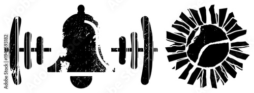Vintage bell flanked by dumbbells, coffee bean sunburst, distressed stencil style, gym fitness, coffee shop emblem, vector graphic.