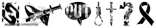 Halftone grim symbols ace of spades, syringe, dagger, noose, sword, question mark, mourning ribbon. Synonyms death, macabre symbols, dark.