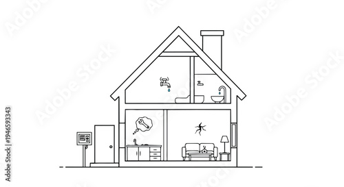 House cross-section illustrating domestic repair needs and home security system elements