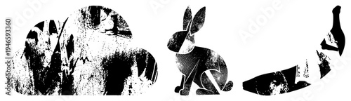 Vector rabbit, cat, and dog in black and white halftone, graphic design elements, isolated animal, artistic stencil style, minimalist animal cutouts.