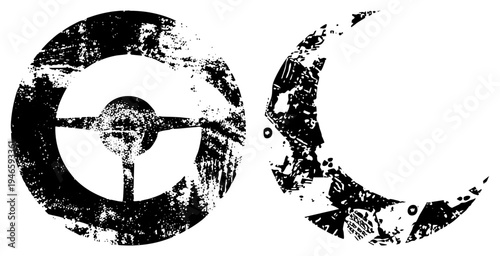 Abstract black/white vector symbols target & with grunge texture. Perfect for urban, rebellious, or vintage designs. Synonyms emblem,, stencil art.