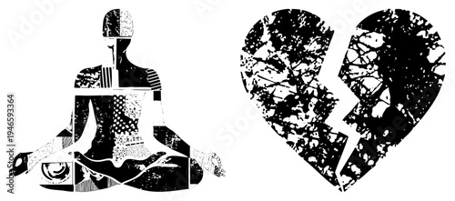 Silhouette of person meditating in lotus pose with abstract, paired with broken heart, black and white vector art, emotional contrast, mindfulness symbol.