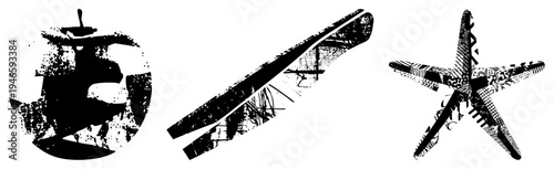 Stylized marine with distressed textures, including starfish and ship silhouette, vector design, artistic abstract, isolated sea motifs.