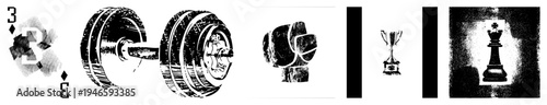 Grunge style playing card, dumbbell, boxing glove, trophy cup, chess king, all in, textured, isolated vector symbols.