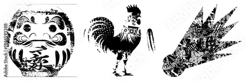 Japanese Daruma doll with "願" character, ornate rooster silhouette, hand graphic all in high contrast vector art, cultural symbols, flat design,.