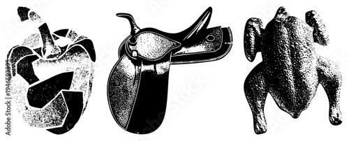 Stylized halftone illustrations of, saddle, and chicken, graphic design elements, vector art, retro food and equestrian.