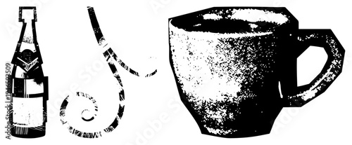 Sparkling wine bottle pouring effervescent stream into textured mug, halftone graphic, retro beverage art, stylized drink illustration.