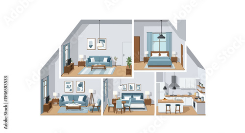 Modern home interior cross-section with fully furnished living rooms, bedrooms, and kitchen spaces.