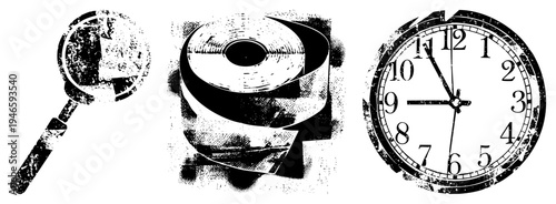 Grungy halftone vector trio magnifying glass inspecting detail, toilet paper roll, analog wall clock with bold hands isolated graphic elements for design use.
