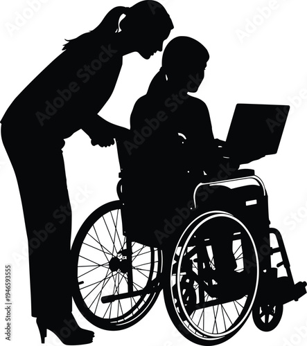 Woman assisting disabled person in wheelchair using laptop, caregiver support concept, accessibility technology help, inclusive education, disability assistance silhouette illustration