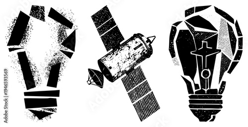 Stylized lightbulb and satellite rendered in fragmented geometric shapes, halftone texture, black and white vector art, isolated graphic elements, conceptual design.