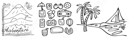 Palm trees, sailboat, and summer gear for vacation planning, travel apps, or pages, including adventure motifs like volcano and.