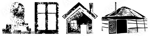 Stone mausoleum, rustic window frame, pitched roof cottage, circular yurt with decorative door panel, all in distressed black and white vector style.