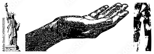 Hand cradling Statue of Liberty silhouette, engraved text, symbolic gesture,, liberty symbol, American emblem, artistic composition.