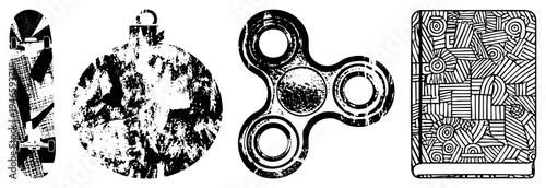Grungy vector of skateboard, Christmas ornament, fidget spinner, and illustrated book cover,, distressed texture, isolated design elements.
