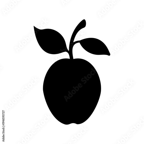 Bold silhouette of a ripe apple with leaves against a white background
