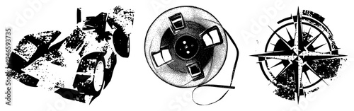 Stylized racing car with halftone texture, film reel with tape, compass rose with distressed edges all vector in, isolated foregrounds, ideal for retro or tech themes.